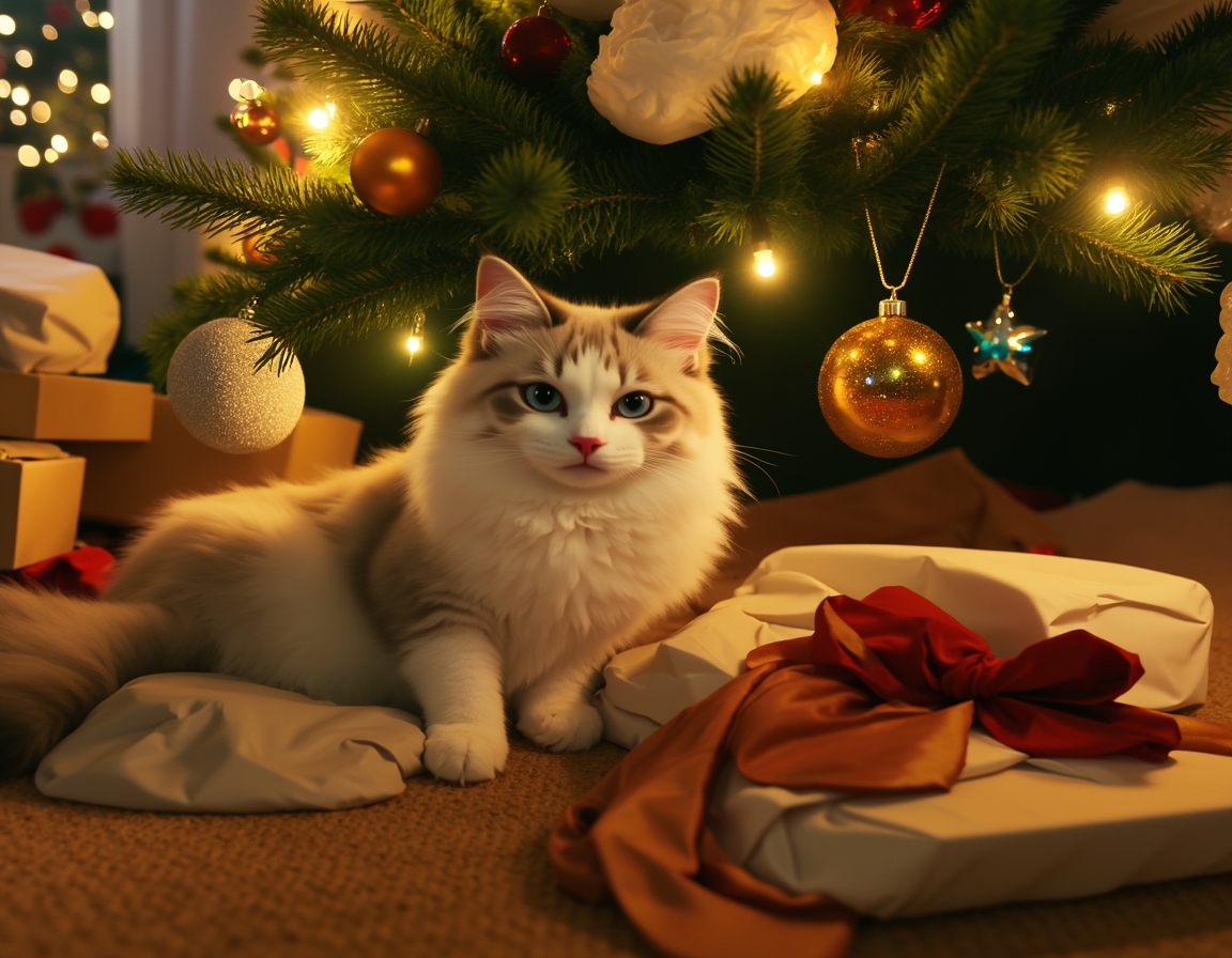 Cat sitting under a beautifully decorated Christmas tree, surrounded by twinkling lights, ornaments, and wrapped presents, with a warm, cozy glow.